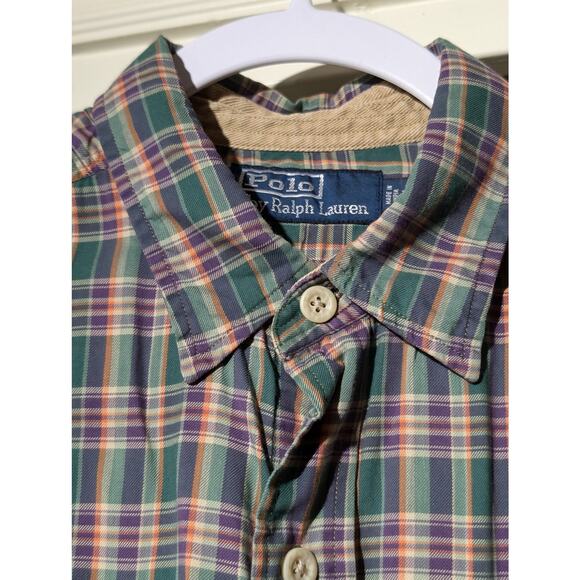 VTG Polo by Ralph Lauren Oversized Green Purple Plaid Elbow Patch Button Up Sz M - Picture 6 of 13